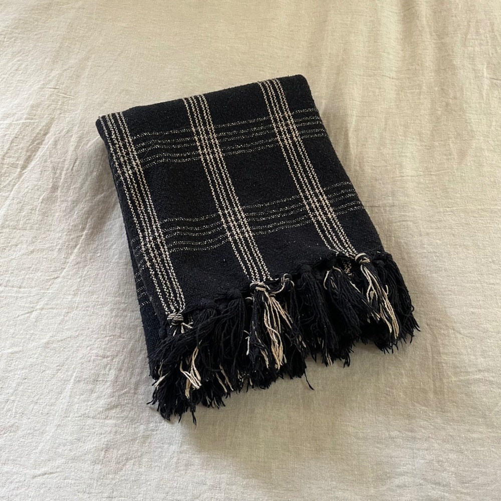 Plaid Black & Tan Fringed Woven Cotton Blend Throw